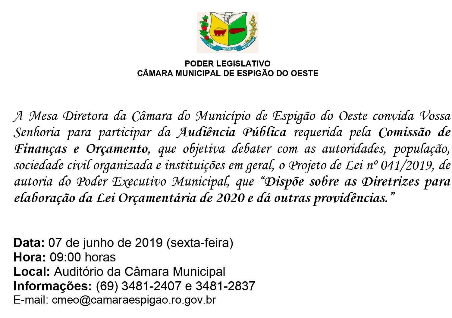 Câmara municipal realizará audiência pública  para elaboração da Lei Orçamentária de 2020 